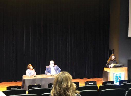 Scott LaMar and Joyce Davis speak in Gibble Auditorium