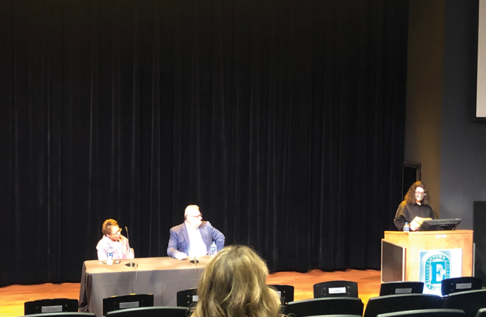 Scott LaMar and Joyce Davis speak in Gibble Auditorium